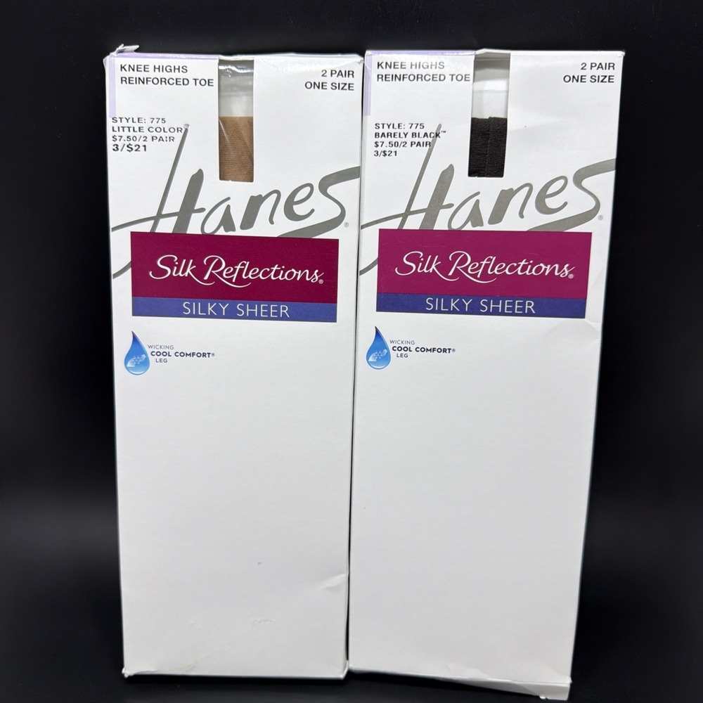 Hanes 775 Silk Reflections 2 Pair Knee High Reinforced Toe Black Brown One Size